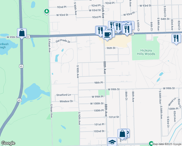 map of restaurants, bars, coffee shops, grocery stores, and more near 9731 89th Avenue in Palos Hills