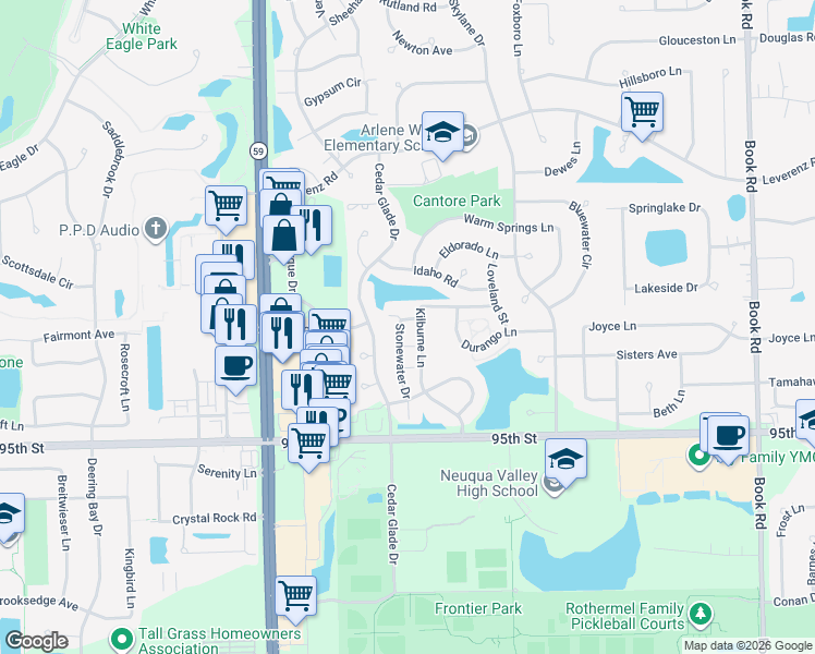 map of restaurants, bars, coffee shops, grocery stores, and more near 2803 Stonewater Drive in Naperville