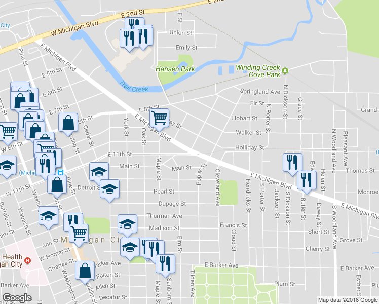 map of restaurants, bars, coffee shops, grocery stores, and more near 1101 East Michigan Boulevard in Michigan City