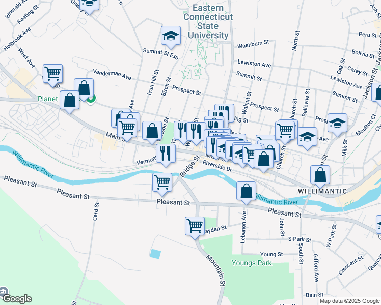 map of restaurants, bars, coffee shops, grocery stores, and more near 1031 Main Street in Windham