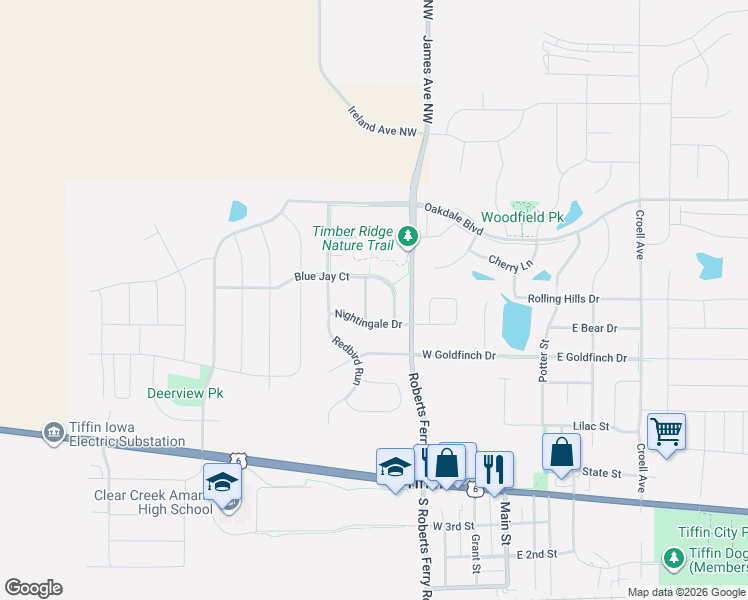 map of restaurants, bars, coffee shops, grocery stores, and more near 727 Blue Jay Court in Tiffin