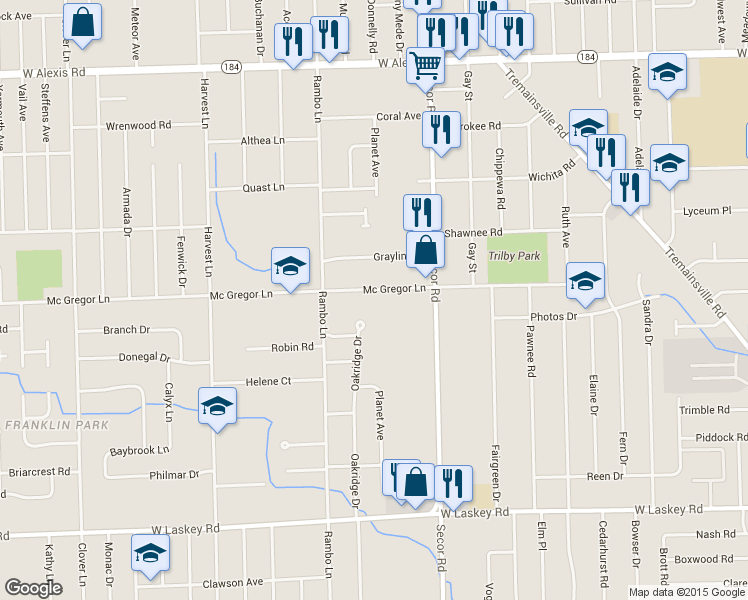 map of restaurants, bars, coffee shops, grocery stores, and more near 3403 Mcgregor Ln in Toledo