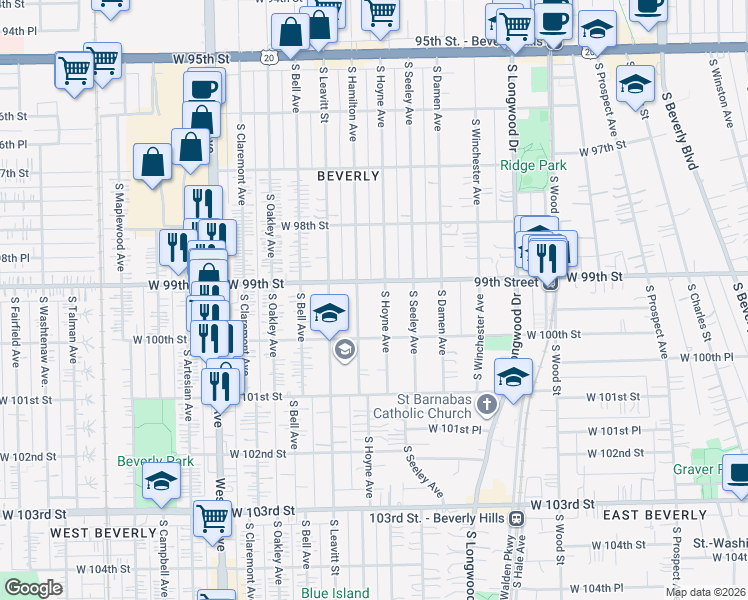 map of restaurants, bars, coffee shops, grocery stores, and more near 9904 South Hoyne Avenue in Chicago