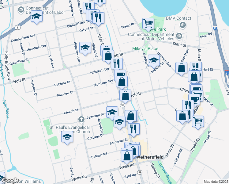 map of restaurants, bars, coffee shops, grocery stores, and more near 455 Silas Deane Highway in Wethersfield