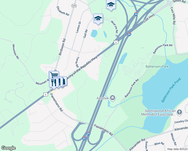 map of restaurants, bars, coffee shops, grocery stores, and more near 15 Farm Springs Road in Farmington