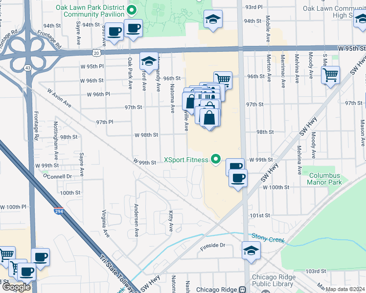 map of restaurants, bars, coffee shops, grocery stores, and more near 9820 Nashville Avenue in Chicago Ridge