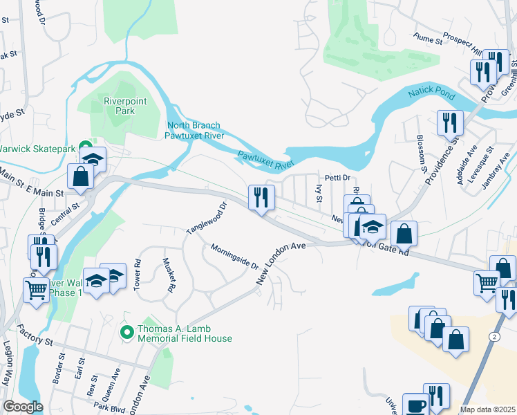 map of restaurants, bars, coffee shops, grocery stores, and more near 276 Providence Street in West Warwick