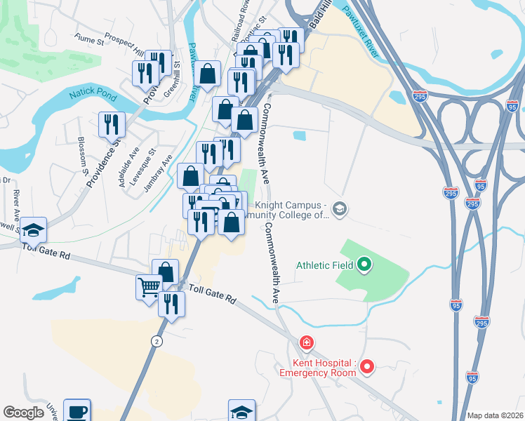 map of restaurants, bars, coffee shops, grocery stores, and more near 1b College Park Court in Warwick