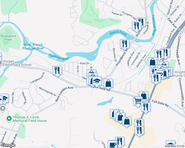 map of restaurants, bars, coffee shops, grocery stores, and more near 32 River Avenue in West Warwick