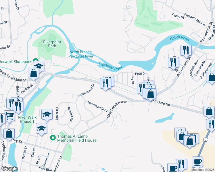map of restaurants, bars, coffee shops, grocery stores, and more near 276 Providence Street in West Warwick