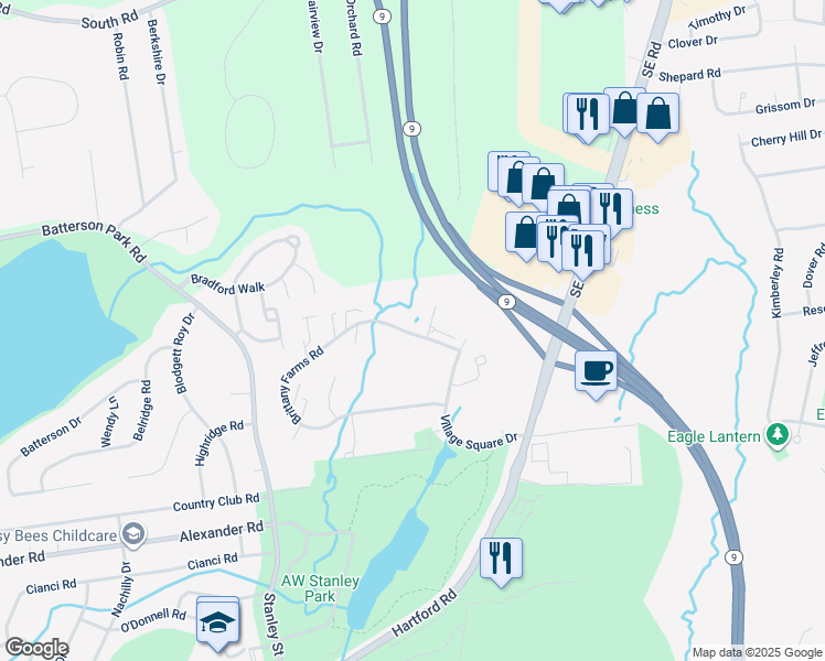 map of restaurants, bars, coffee shops, grocery stores, and more near 360 Brittany Farms Road in New Britain