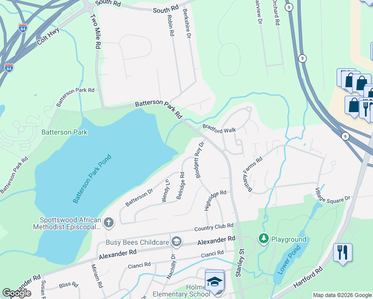 map of restaurants, bars, coffee shops, grocery stores, and more near 200 Blodgett Roy Drive in New Britain
