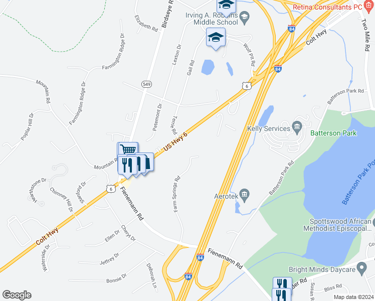 map of restaurants, bars, coffee shops, grocery stores, and more near 3 Terrie Road in Farmington