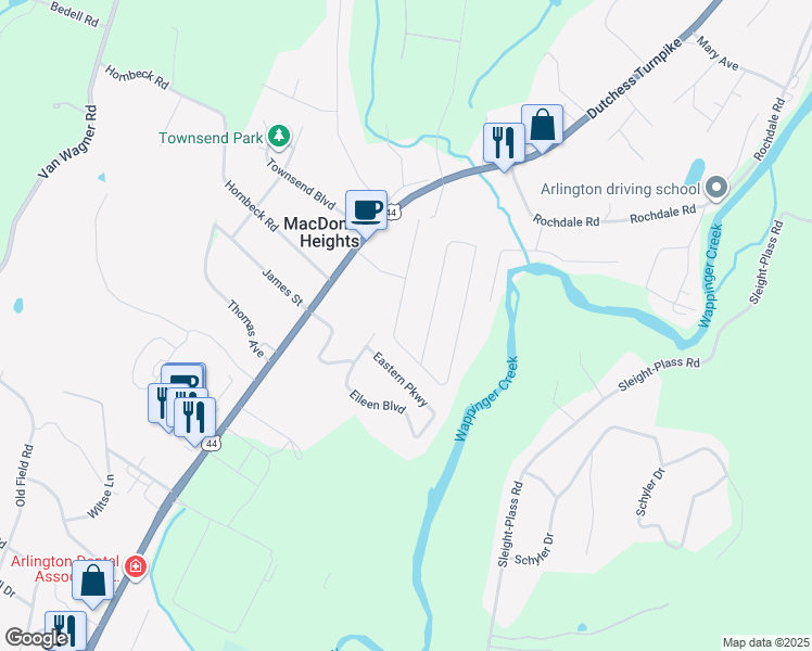 map of restaurants, bars, coffee shops, grocery stores, and more near 5 Lafko Drive in Poughkeepsie