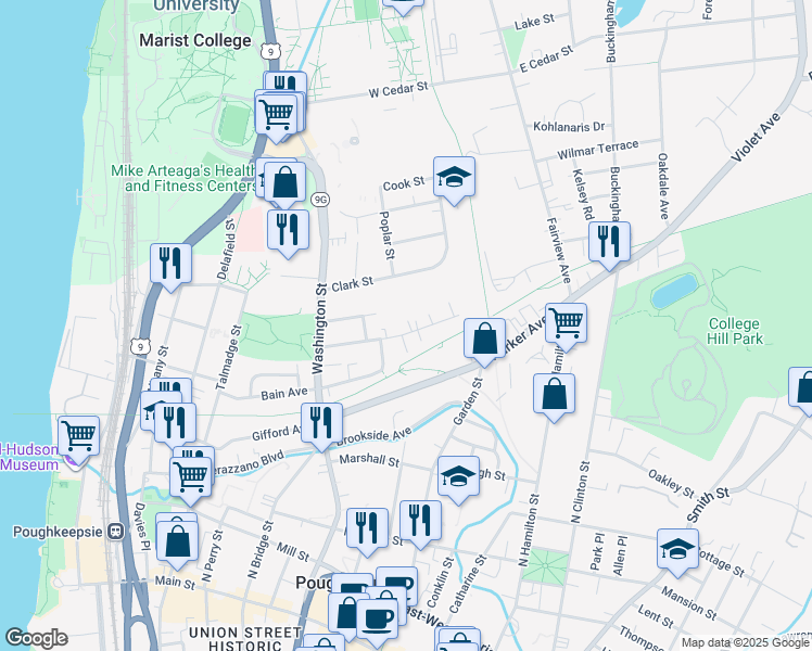 map of restaurants, bars, coffee shops, grocery stores, and more near 52 Taylor Avenue in Poughkeepsie
