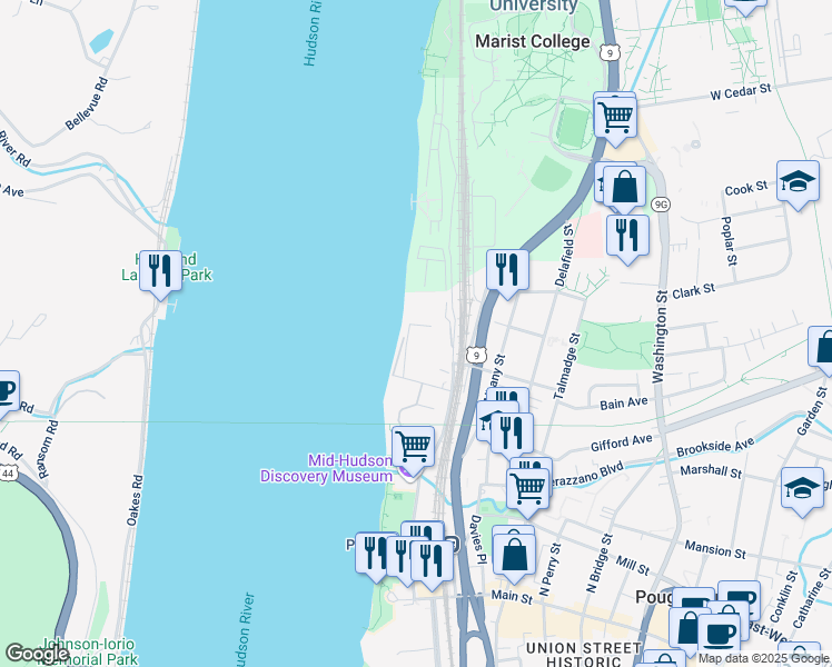map of restaurants, bars, coffee shops, grocery stores, and more near 24 Dutchess Landing Road in Poughkeepsie