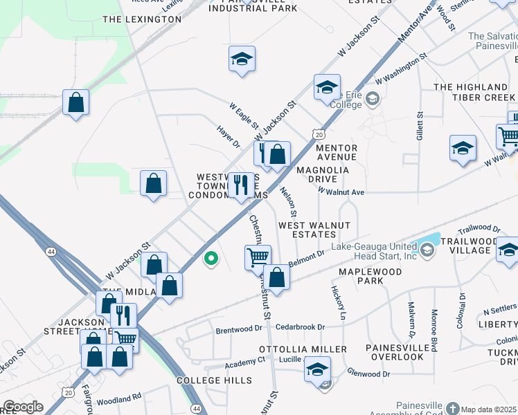 map of restaurants, bars, coffee shops, grocery stores, and more near 762 Mentor Avenue in Painesville