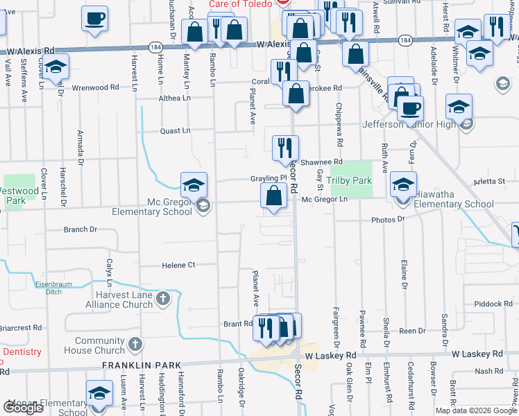 map of restaurants, bars, coffee shops, grocery stores, and more near 3403 Mcgregor Ln in Toledo