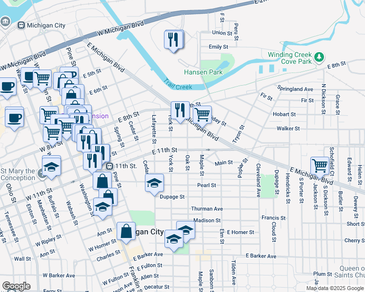 map of restaurants, bars, coffee shops, grocery stores, and more near 601 East 10th Street in Michigan City