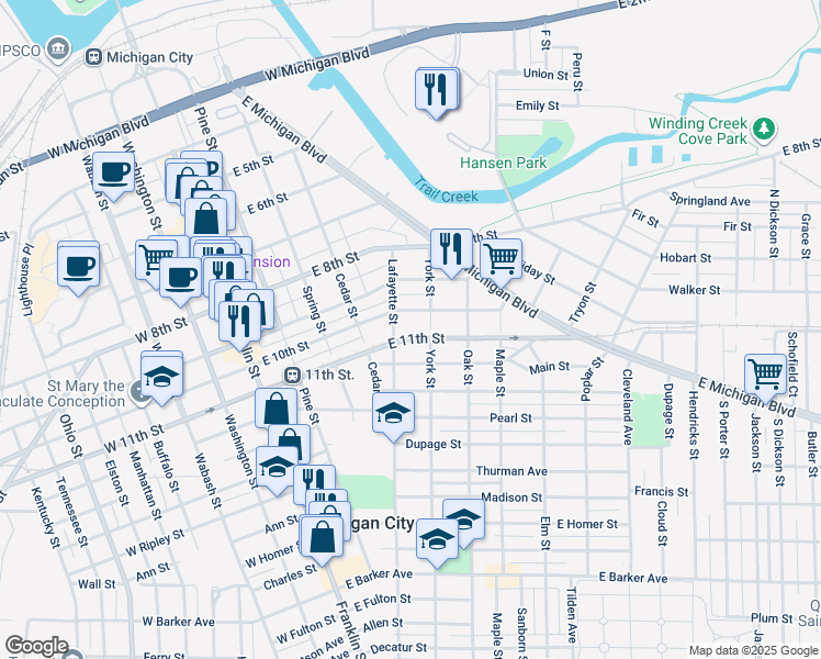 map of restaurants, bars, coffee shops, grocery stores, and more near 306 1/2 Lafayette Street in Michigan City