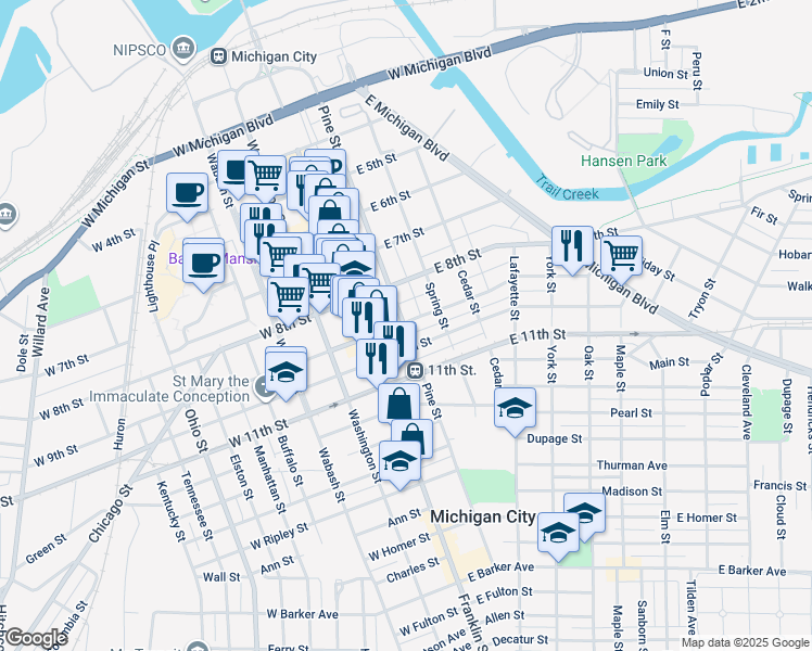 map of restaurants, bars, coffee shops, grocery stores, and more near 832 Pine Street in Michigan City