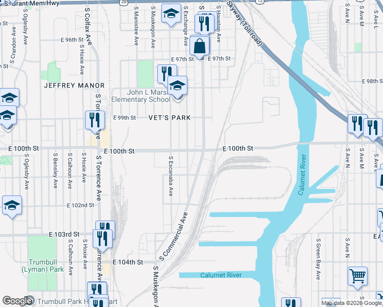 map of restaurants, bars, coffee shops, grocery stores, and more near 9967 South Exchange Avenue in Chicago
