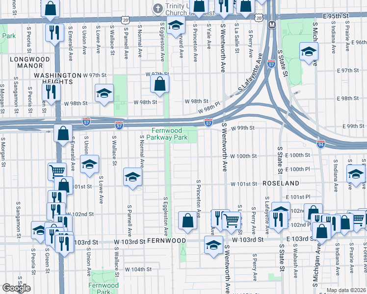 map of restaurants, bars, coffee shops, grocery stores, and more near 315 West 99th Place in Chicago