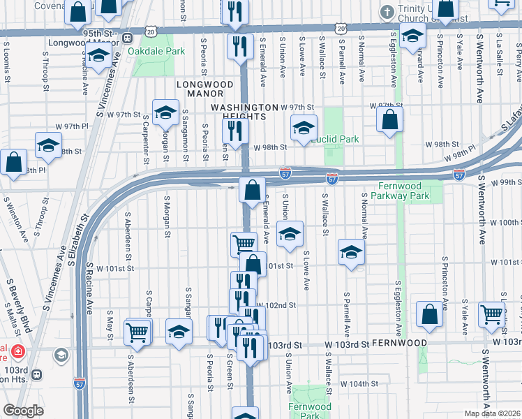 map of restaurants, bars, coffee shops, grocery stores, and more near 9922 South Emerald Avenue in Chicago