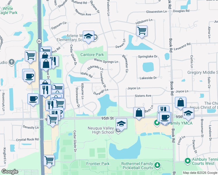 map of restaurants, bars, coffee shops, grocery stores, and more near 2311 Warm Springs Court in Naperville