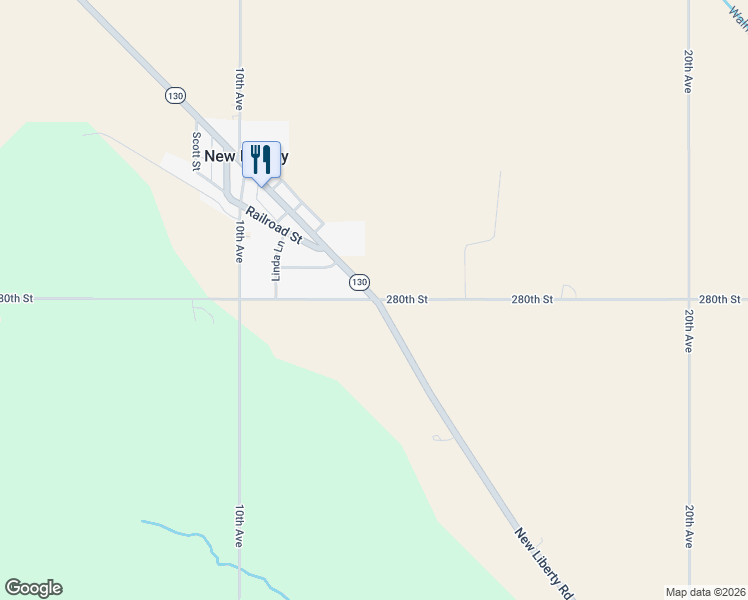 map of restaurants, bars, coffee shops, grocery stores, and more near 1302 280th St in New Liberty