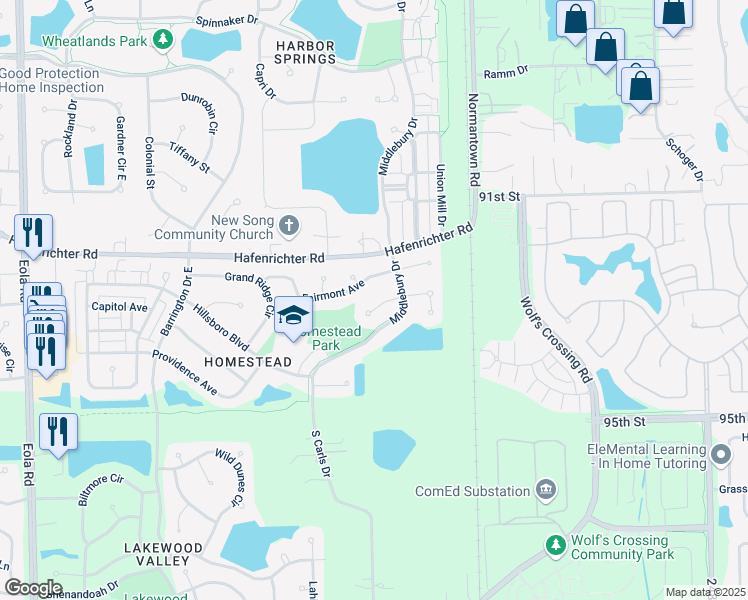 map of restaurants, bars, coffee shops, grocery stores, and more near 3102 Thunderbird Court West in Aurora