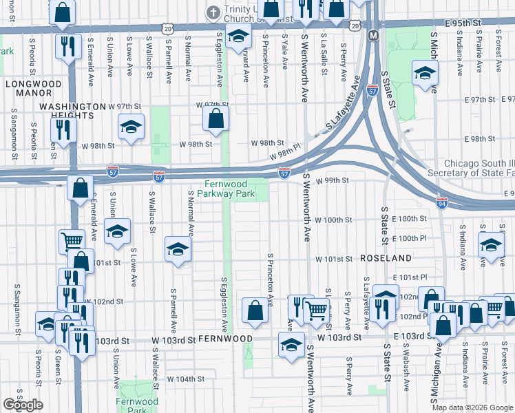 map of restaurants, bars, coffee shops, grocery stores, and more near 315 West 99th Place in Chicago