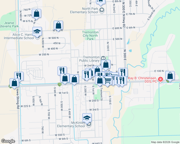 map of restaurants, bars, coffee shops, grocery stores, and more near 117 North 100 West in Tremonton