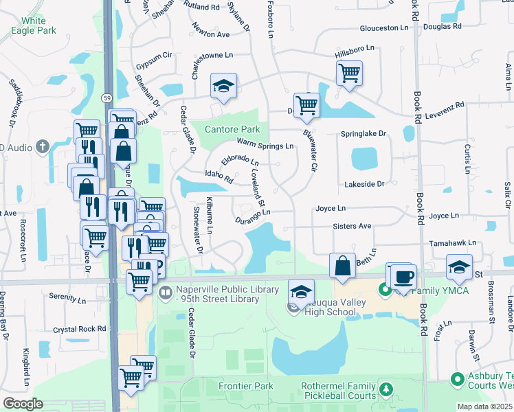 map of restaurants, bars, coffee shops, grocery stores, and more near 2819 Loveland Street in Naperville