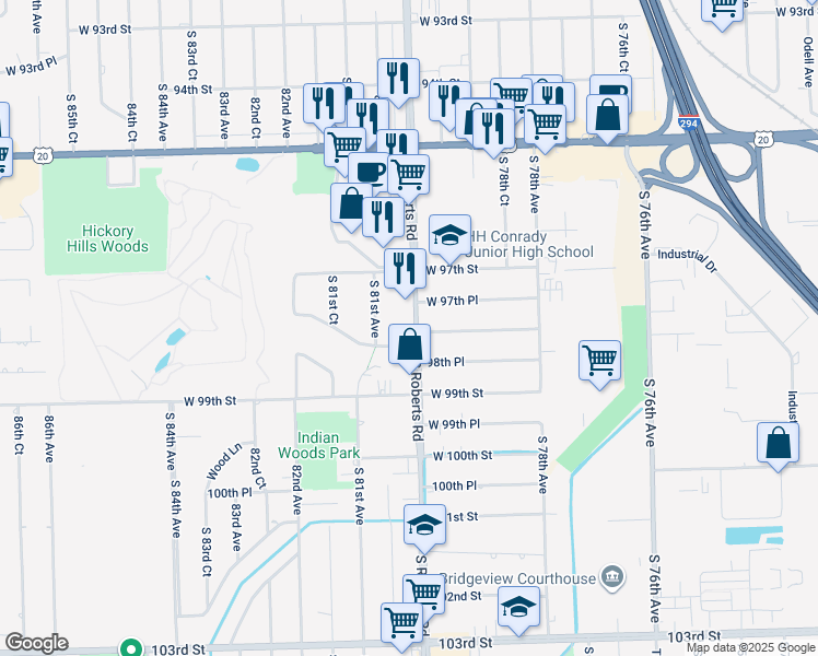 map of restaurants, bars, coffee shops, grocery stores, and more near 7942 West 98th Street in Hickory Hills