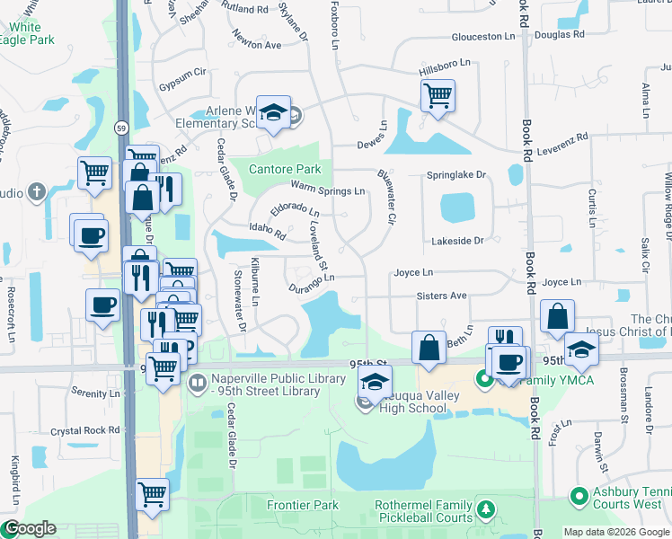 map of restaurants, bars, coffee shops, grocery stores, and more near 2311 Warm Springs Court in Naperville