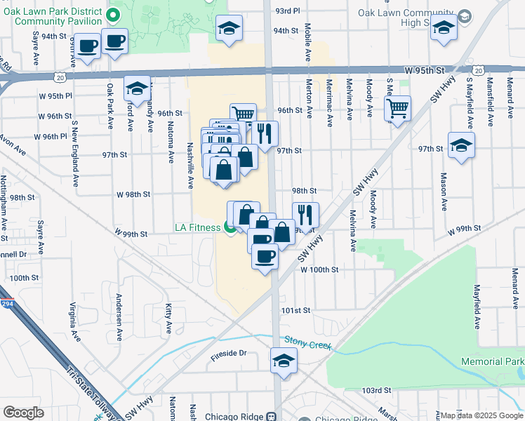 map of restaurants, bars, coffee shops, grocery stores, and more near 9826 Ridgeland Avenue in Chicago Ridge