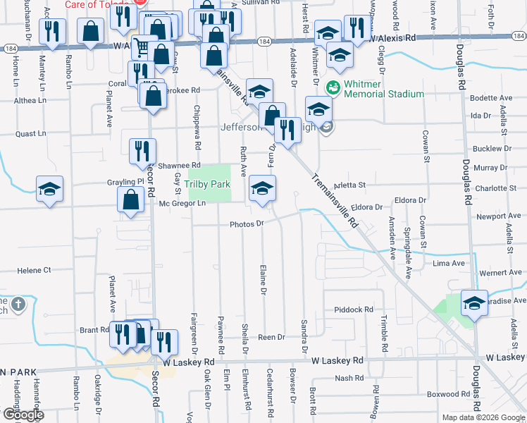 map of restaurants, bars, coffee shops, grocery stores, and more near 3020 Photos Drive in Toledo