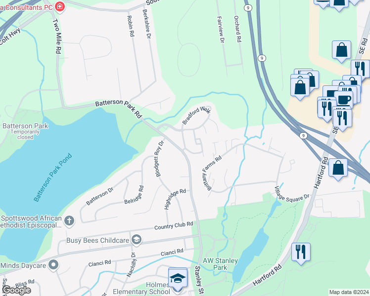 map of restaurants, bars, coffee shops, grocery stores, and more near 156 Bradford Walk in New Britain