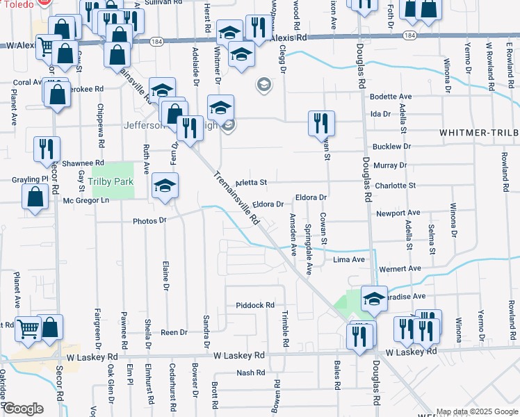 map of restaurants, bars, coffee shops, grocery stores, and more near 2753 Eldora Drive in Toledo