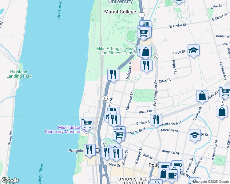 map of restaurants, bars, coffee shops, grocery stores, and more near 95 Albany Street in Poughkeepsie