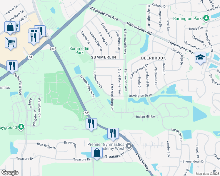 map of restaurants, bars, coffee shops, grocery stores, and more near 1689 Fredericksburg Lane in Aurora