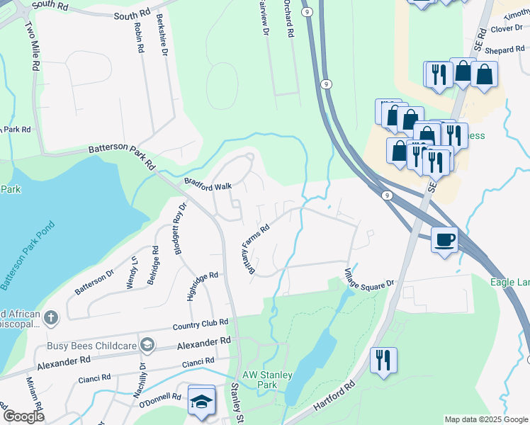 map of restaurants, bars, coffee shops, grocery stores, and more near 260 Brittany Farms Road in New Britain