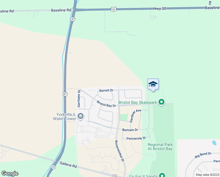 map of restaurants, bars, coffee shops, grocery stores, and more near 261 Barrett Drive in Yorkville
