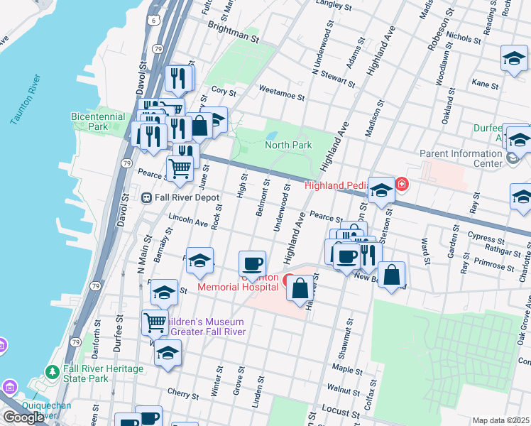map of restaurants, bars, coffee shops, grocery stores, and more near 319 Belmont Street in Fall River