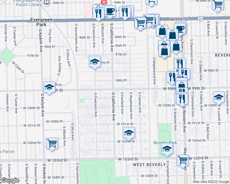 map of restaurants, bars, coffee shops, grocery stores, and more near 2759 West 99th Street in Chicago