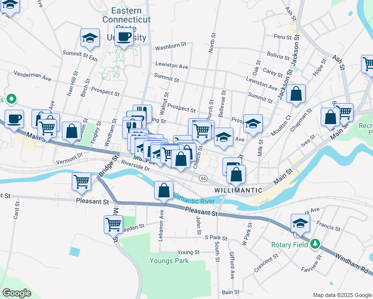 map of restaurants, bars, coffee shops, grocery stores, and more near 54 North Street in Windham