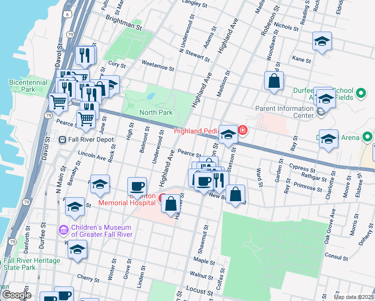 map of restaurants, bars, coffee shops, grocery stores, and more near 650 Pearce Street in Fall River