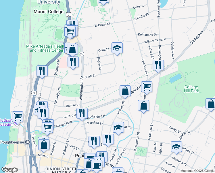 map of restaurants, bars, coffee shops, grocery stores, and more near 52 Taylor Avenue in Poughkeepsie