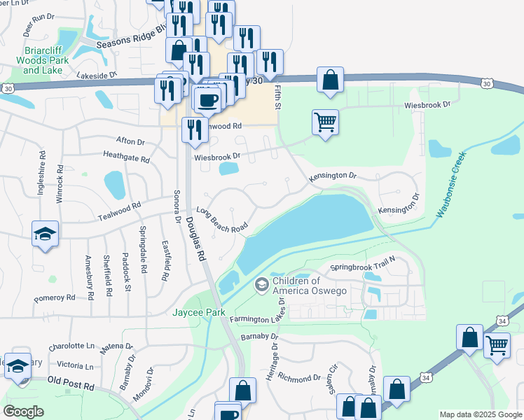 map of restaurants, bars, coffee shops, grocery stores, and more near 323 Kensington Drive in Oswego